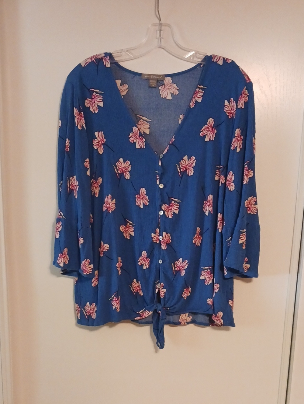 Floral Button-Front XL Tie Hem Blouse - Royal Blue